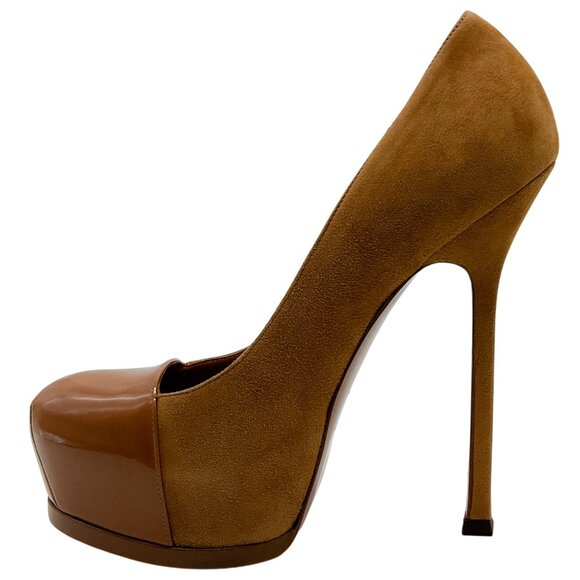 Saint Laurent Camel Suede Tribtoo Pumps with Patent Leather Cap Toe - Picture 3 of 6